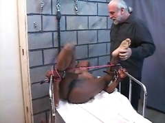 Black girl with hard nipples receive a hard torture by old guy on a room