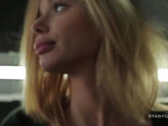 Delicate blonde cutie teasing in sexy black lingerie