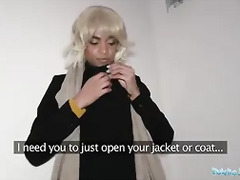 Public Agent Ebony with sexy body blonde hair shaved pussy