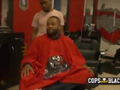 Milf cops take suspect in barbershop and make him bang their horny cunts
