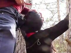 Tied to a tree, masked and outdoor deepthroated with no mercy