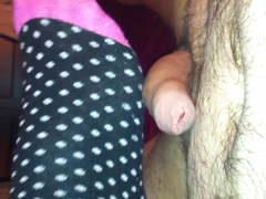 Sockjob with black purple sock and white polkadots